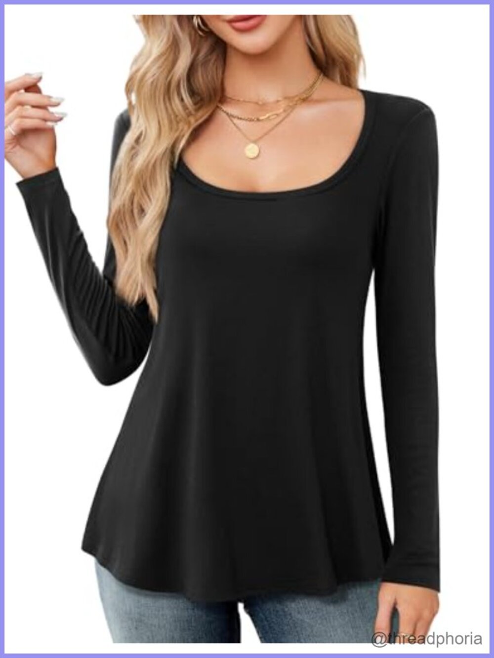 Womens Scoop Neck T-Shirt Long Sleeve Swing Tunic Top Loose Fit